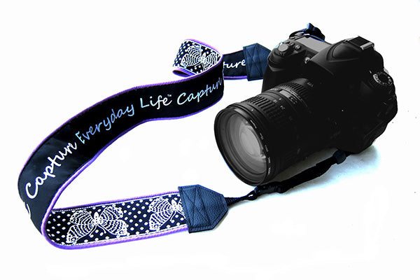 White Butterflies on Black DSLR Camera Strap