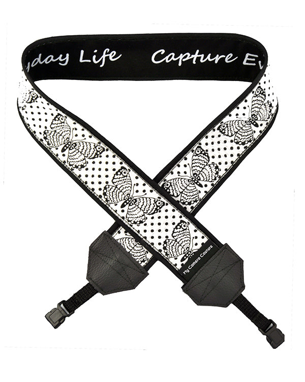 Black Butterflies on White DSLR Camera Strap