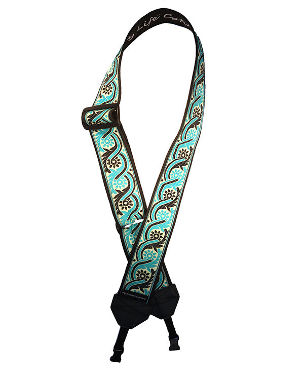 Long adjustable blue and black waves DSLR camera strap with quick-release webbing