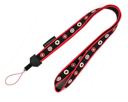 Red and White Flowers on Black Neck Lanyard