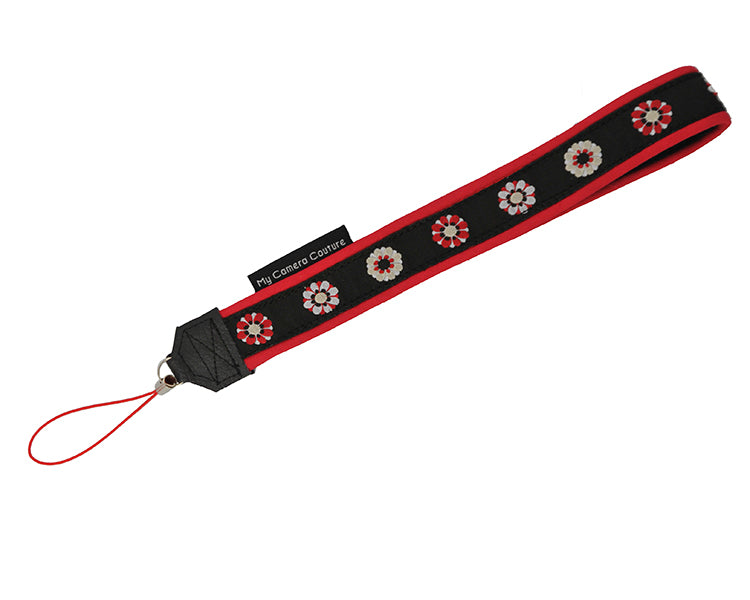 Red and White Flowers on Black Wrist Lanyard