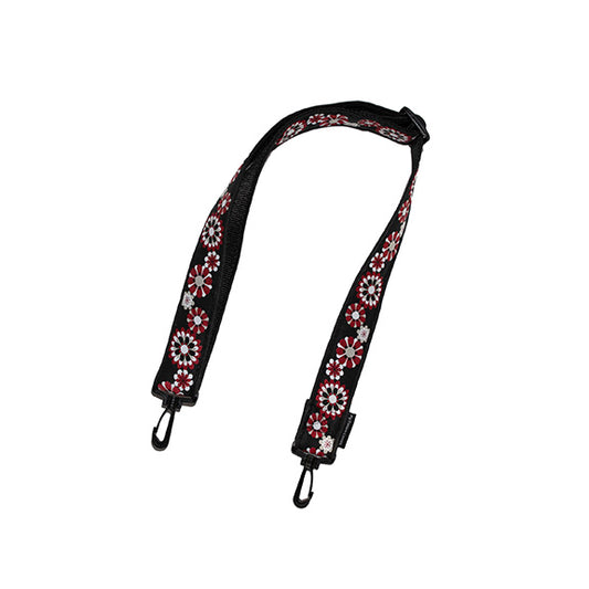 Red and White Flowers on Black Large Bag Strap