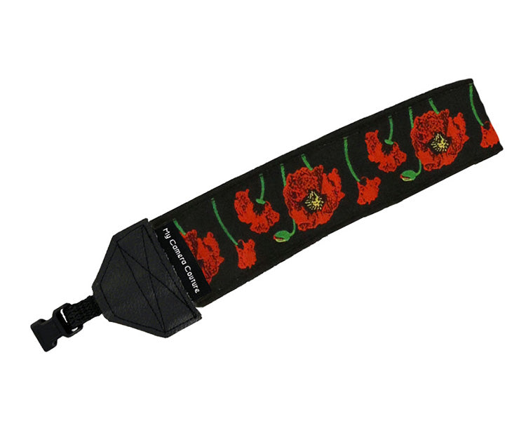 Red poppies on black DSLR wrist strap with quick-release webbing